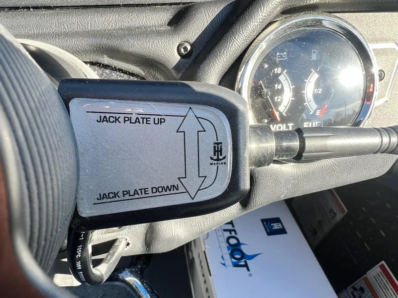 Slide: The Image of Close-up of Skeeter ZXR 21 jack plate control and gauge panel, 2025 model. - 27