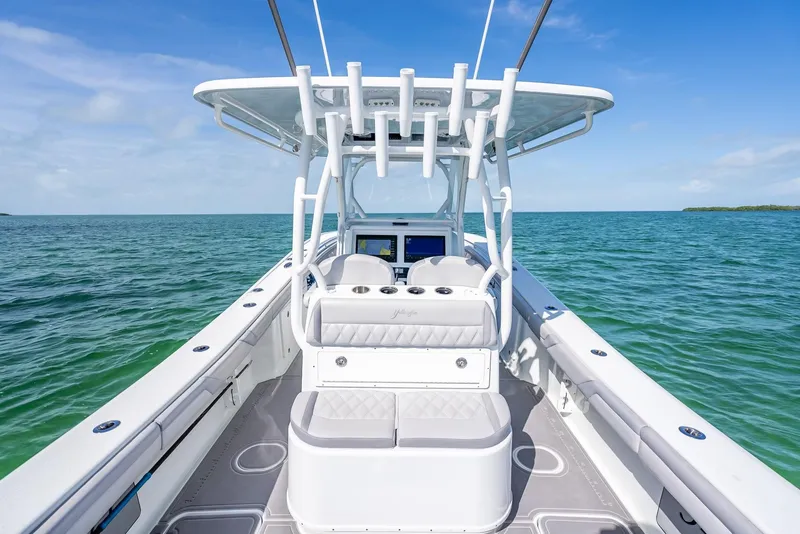 Slide: The Image of 2020 Yellowfin 34 boat on open water, featuring spacious deck and modern design. - 33