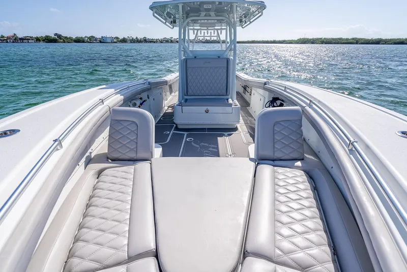 Slide: The Image of 2020 Yellowfin 34 boat with luxurious seating on open water. - 43