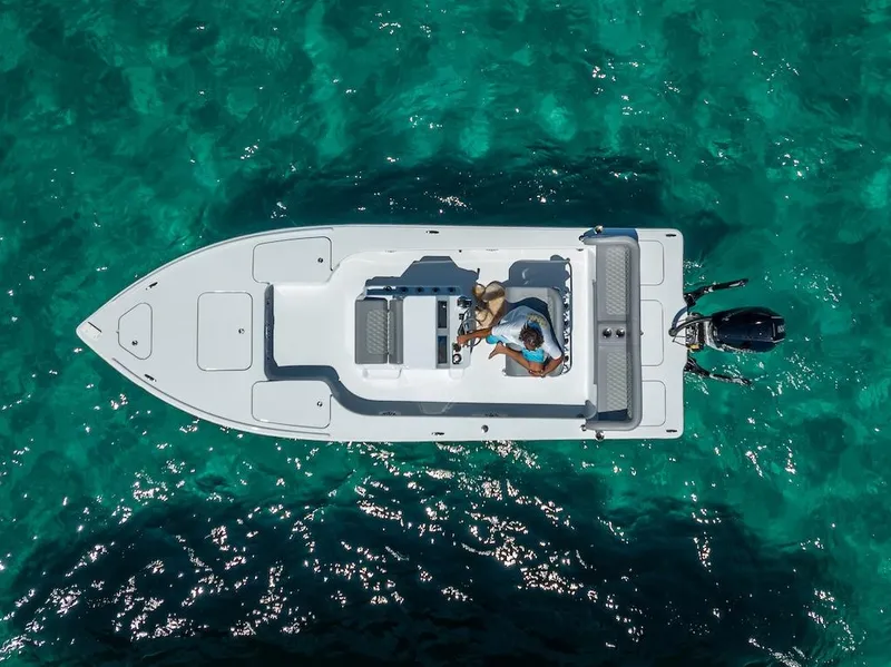 Slide: The Image of Aerial view of 2025 Billfish 39 Center Console boat on clear turquoise water. - 28