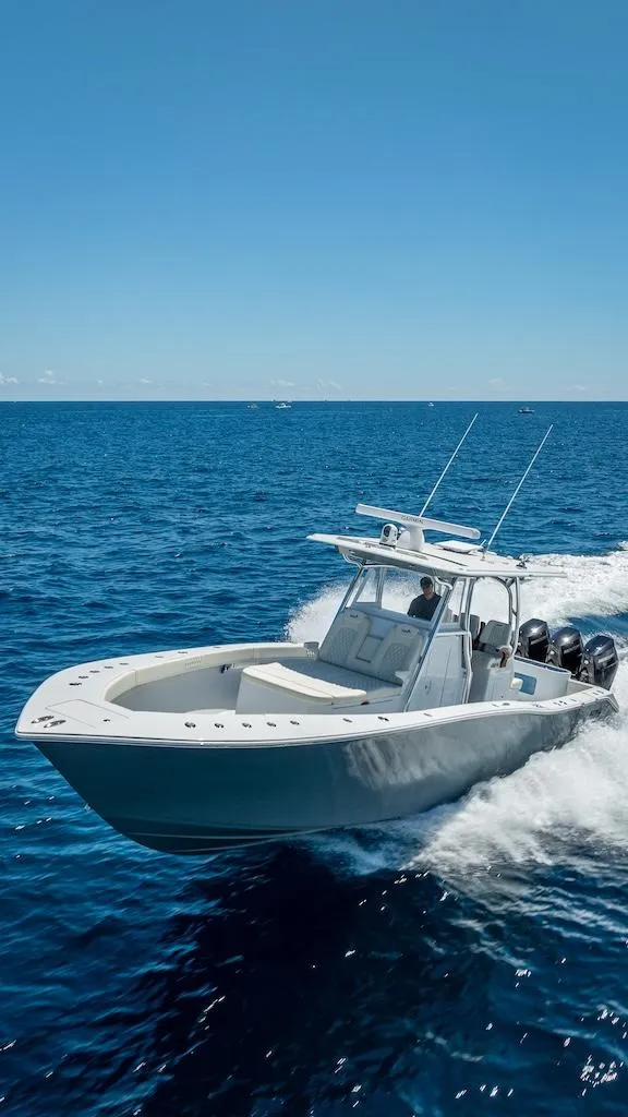 Slide: The Image of 2025 Billfish 39 Center Console boat cruising on open ocean. - 44