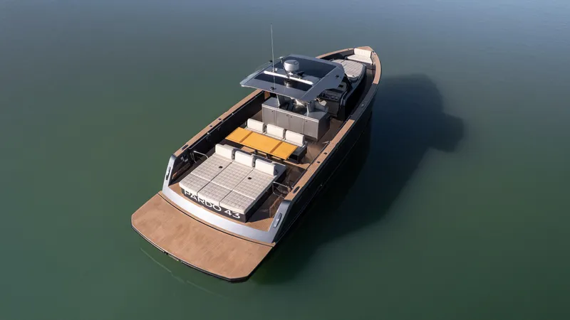 Slide: The Image of 2025 Pardo Yachts P43 luxury yacht on calm water, aerial view. - 12