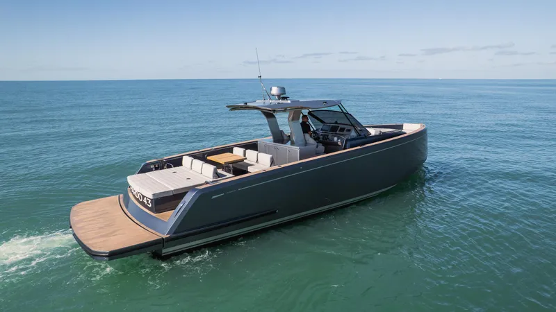 Slide: The Image of 2025 Pardo Yachts P43 cruising on open sea, showcasing sleek design and luxury features. - 2