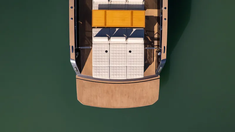 Slide: The Image of Top view of 2025 Pardo Yachts P43 deck, featuring sleek design and seating. - 5
