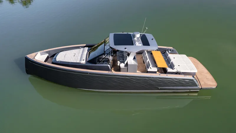 Slide: The Image of 2025 Pardo Yachts P43 luxury yacht on calm water, showcasing sleek design and spacious deck. - 6
