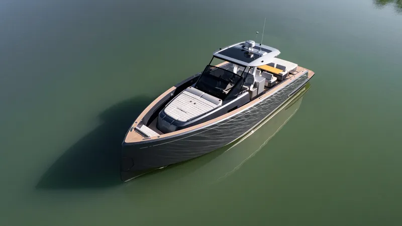 Slide: The Image of 2025 Pardo Yachts P43 luxury yacht on calm water, aerial view. - 7