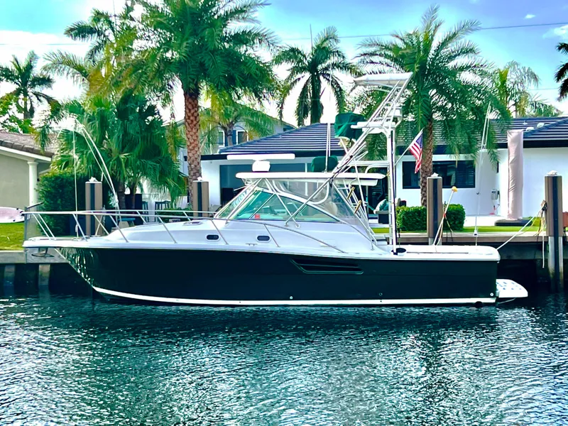 The Image of 2000 Pursuit 3400 Express boat with tower docked by palm trees. - 0