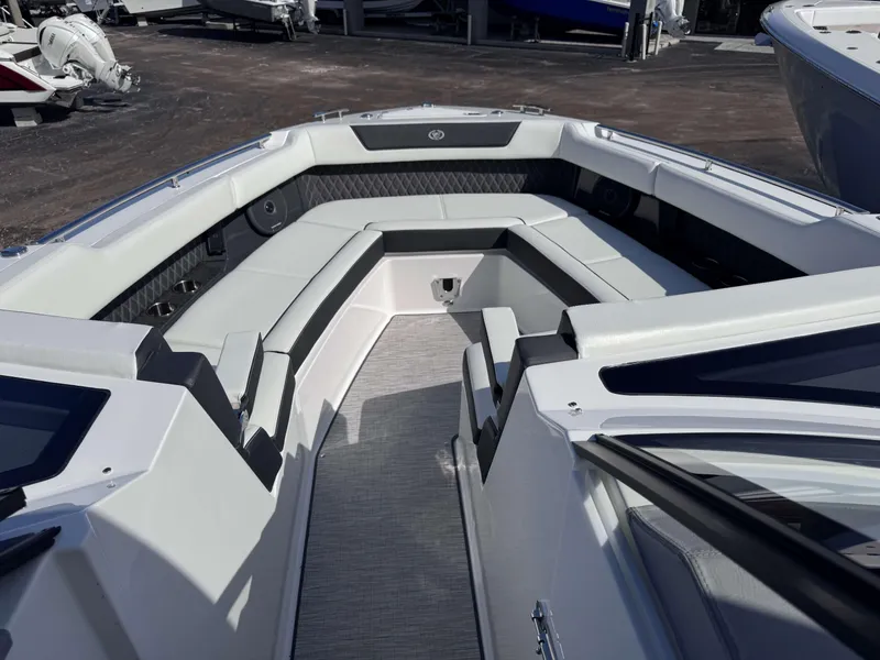 Slide: The Image of 2025 Cobalt R35 boat interior with sleek seating and modern design. - 10