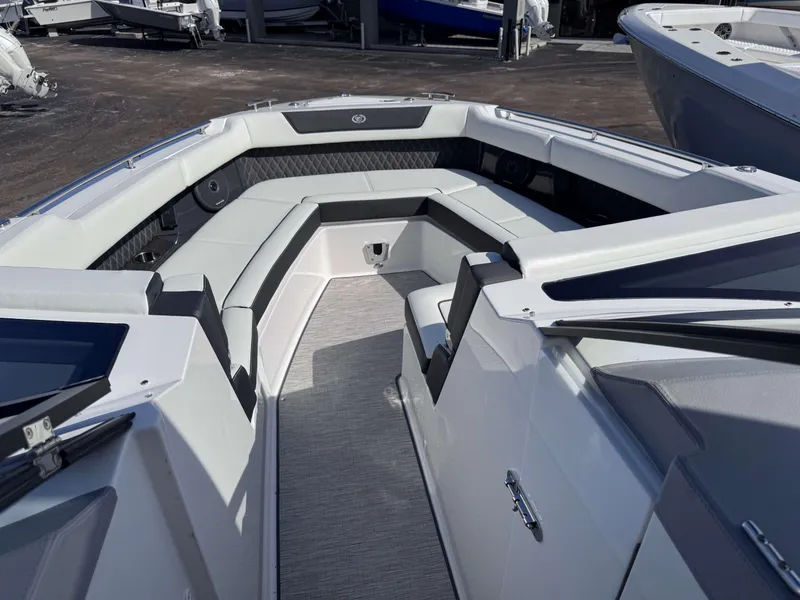 Slide: The Image of 2025 Cobalt R35 boat interior with sleek seating and modern design. - 8