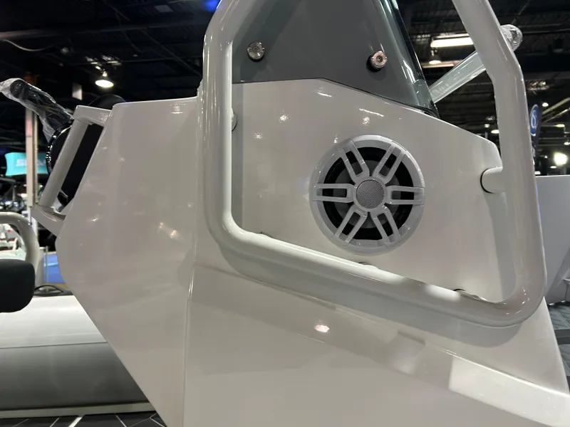 Slide: The Image of 2025 Highfield Sport 560 boat console with speaker detail. - 6