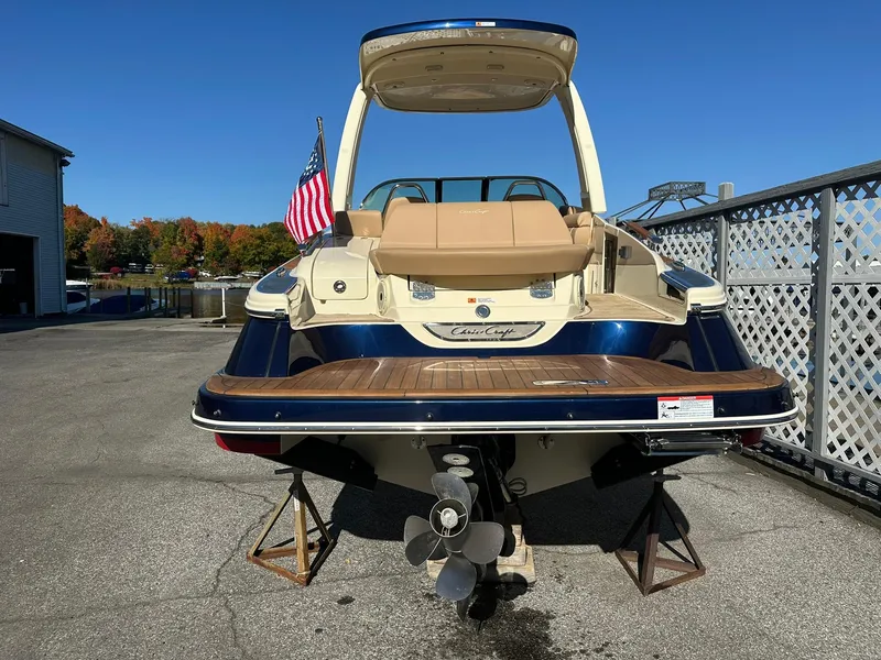 Slide: The Image of 2023 Chris-Craft Launch 28 GT boat on display, rear view with American flag. - 3