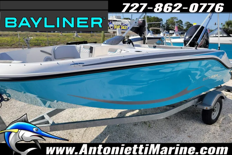 Slide: The Image of 2025 Bayliner Element M17 boat in vibrant blue on display at Antonietti Marine. - 10