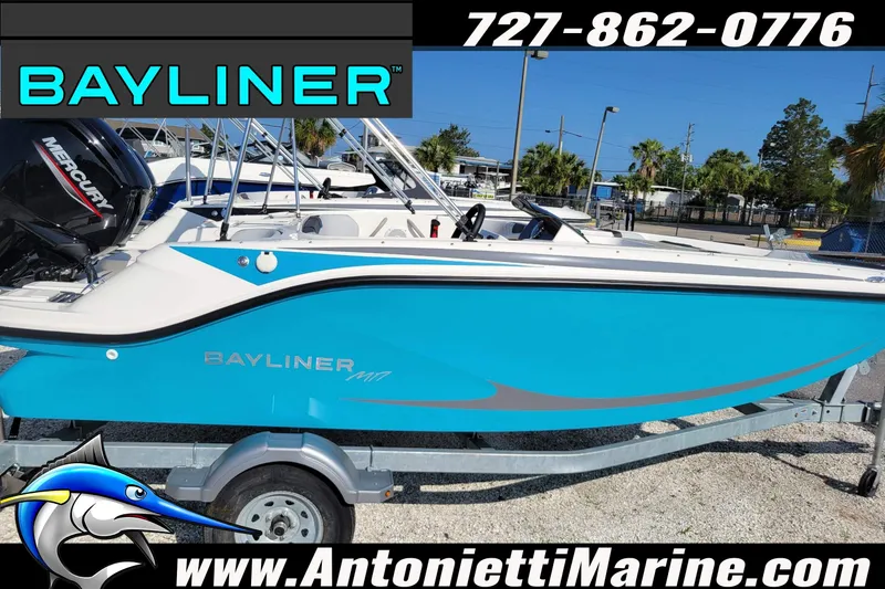 Slide: The Image of 2025 Bayliner Element M17 boat in vibrant blue on a trailer at Antonietti Marine. - 13