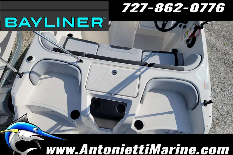 Slide: The Image of 2025 Bayliner Element M17 boat interior with seating and storage, Antonietti Marine branding. - 16