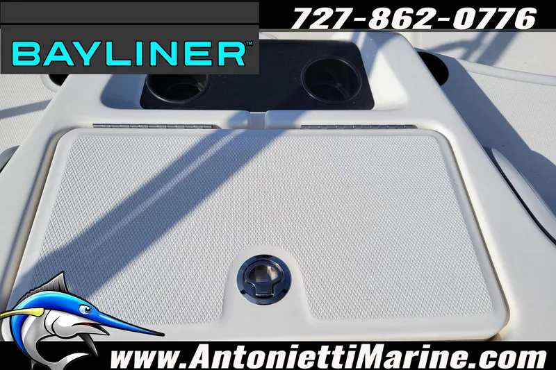 Slide: The Image of Bayliner Element M17 2025 boat deck with storage compartment, Antonietti Marine branding. - 18
