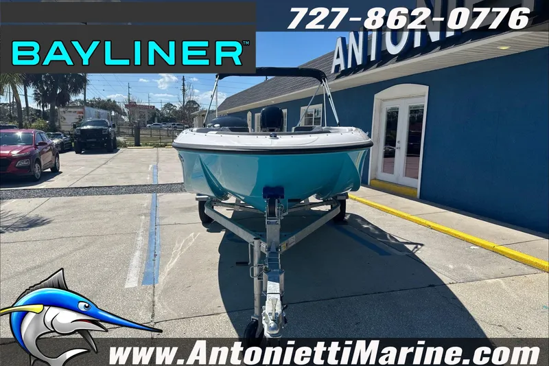 Slide: The Image of 2025 Bayliner Element M17 boat on trailer at Antonietti Marine dealership. - 2
