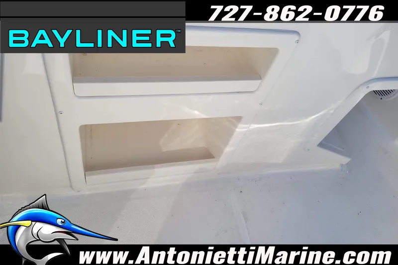 Slide: The Image of 2025 Bayliner Element M17 boat interior with storage compartments, Antonietti Marine branding. - 21