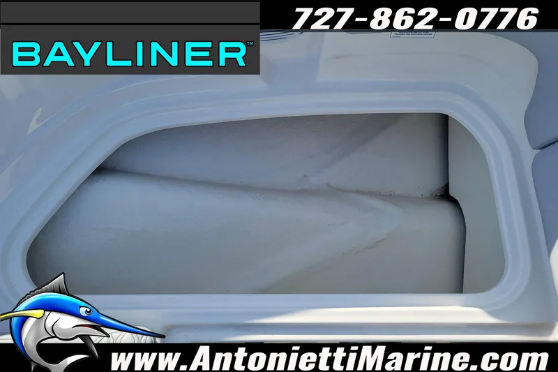 Slide: The Image of 2025 Bayliner Element M17 boat storage compartment, Antonietti Marine branding. - 22