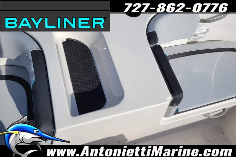 Slide: The Image of 2025 Bayliner Element M17 boat interior with seating and storage, Antonietti Marine branding. - 28