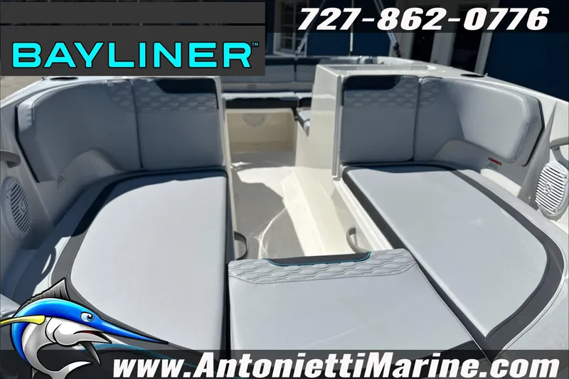 Slide: The Image of 2025 Bayliner Element M17 boat interior with gray seating, displayed by Antonietti Marine. - 3