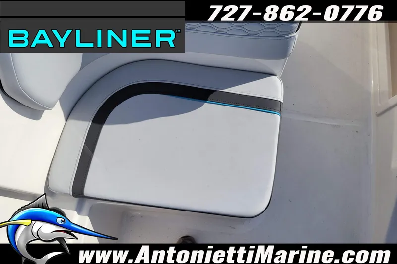 Slide: The Image of 2025 Bayliner Element M17 boat seat with logo and contact details. - 30