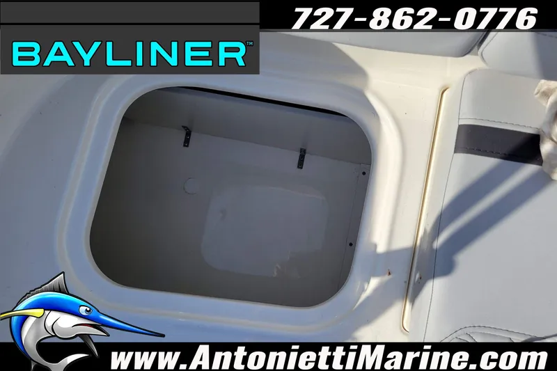 Slide: The Image of 2025 Bayliner Element M17 boat storage compartment, featuring sleek design and spacious interior. - 35