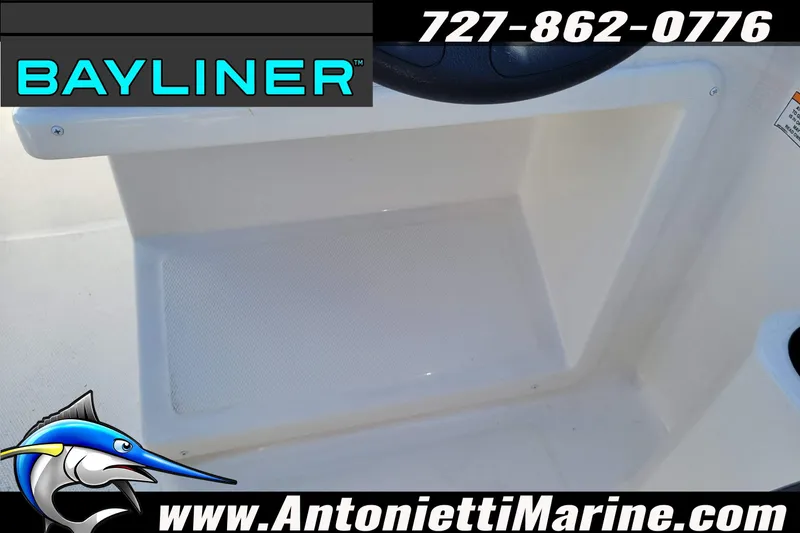 Slide: The Image of 2025 Bayliner Element M17 boat interior with contact details and logo. - 37