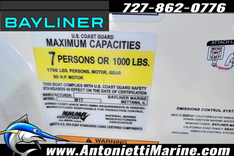 Slide: The Image of Bayliner Element M17 boat capacity label, 2025 model, 7 persons or 1000 lbs limit. - 40