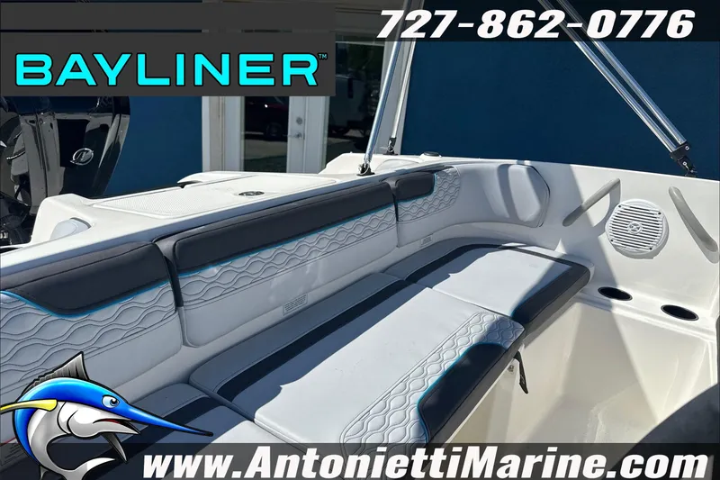 Slide: The Image of 2025 Bayliner Element M17 boat interior with stylish seating and speaker system. - 47