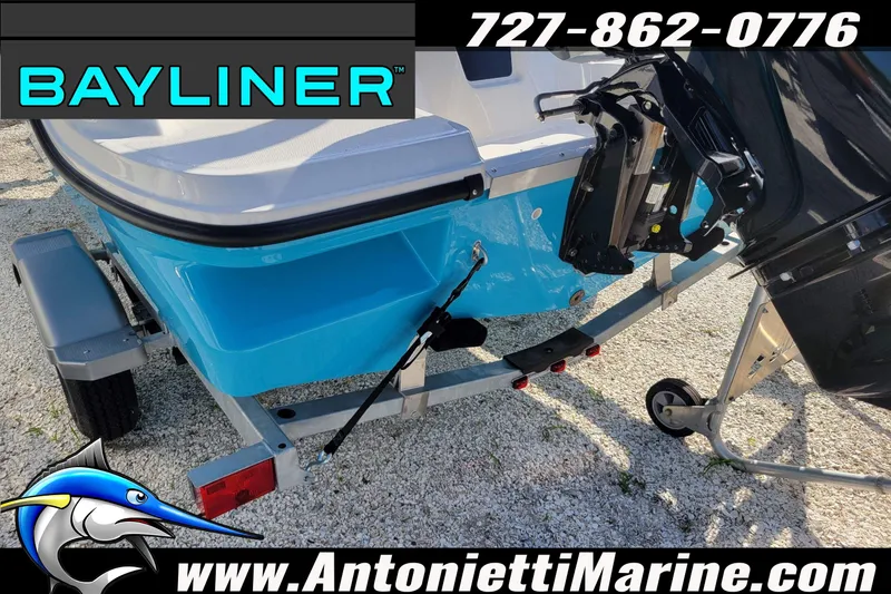 Slide: The Image of 2025 Bayliner Element M17 boat on trailer, featuring outboard motor and contact details. - 8