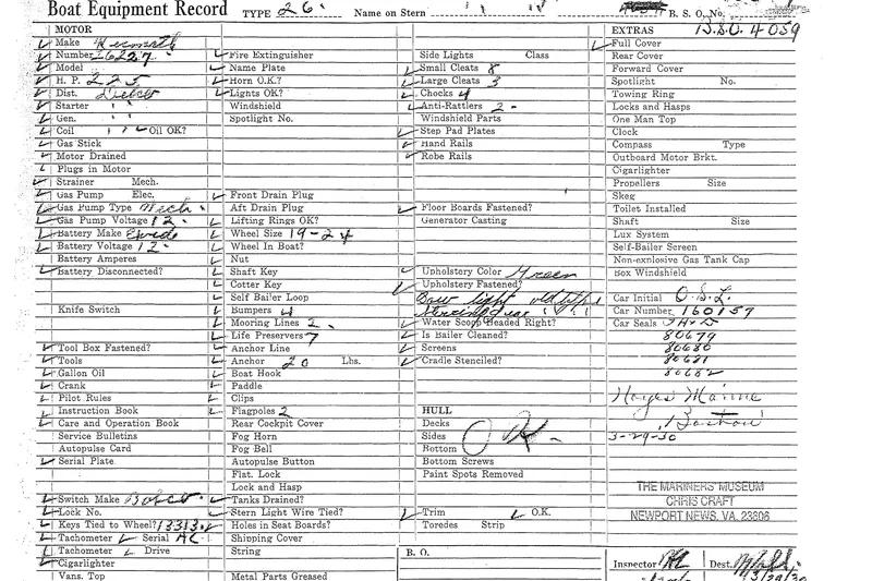 Slide: The Image of 1930 Chris-Craft 260 Express Cruiser boat equipment record with detailed specifications and checks. - 3