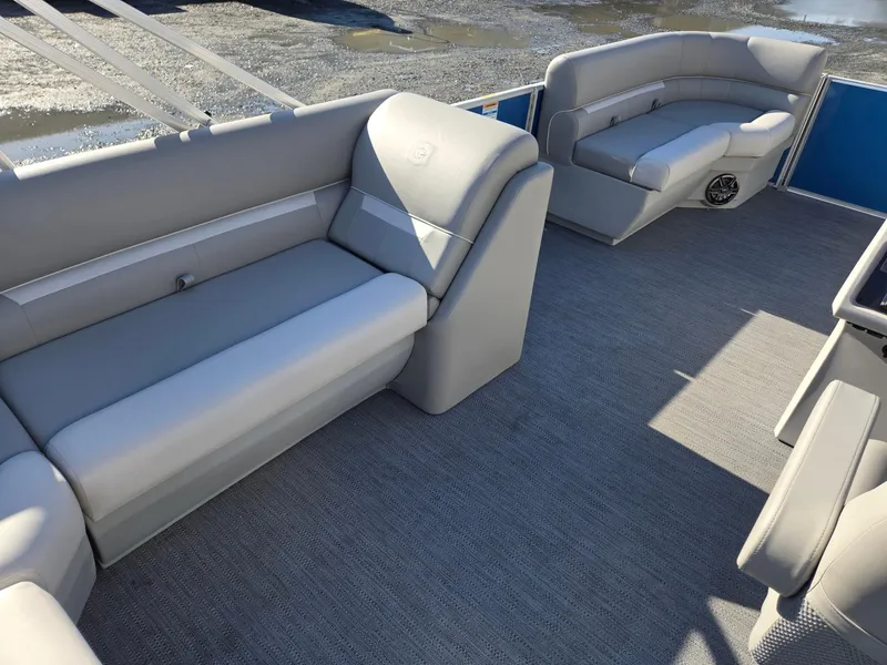 Slide: The Image of 2025 Godfrey Xperience Cruise 2086 CX pontoon boat interior with gray seating. - 27