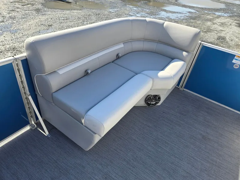 Slide: The Image of 2025 Godfrey Xperience Cruise 2086 CX boat seating, gray upholstery, spacious and comfortable design. - 33