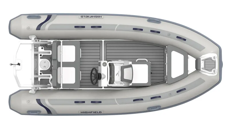 Slide: The Image of Top view of 2025 Highfield Classic 400 inflatable boat, gray with seating and steering console. - 6