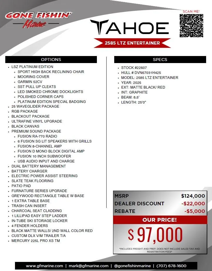 Slide: The Image of 2025 Tahoe Pontoon 2585 LTZ Entertainer features, options, and pricing details. - 37