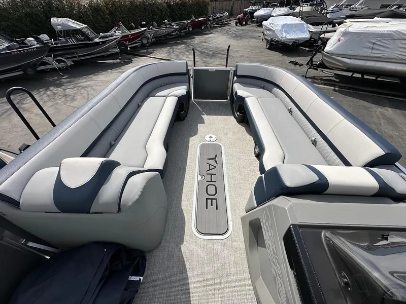 Slide: The Image of 2025 Tahoe Pontoon Cascade Cruise Funship interior with spacious seating and modern design. - 29