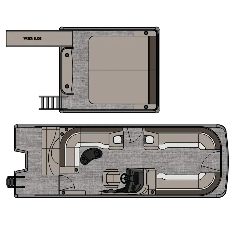 Slide: The Image of 2025 Tahoe Pontoon Cascade Cruise Funship layout with water slide and seating arrangement. - 38