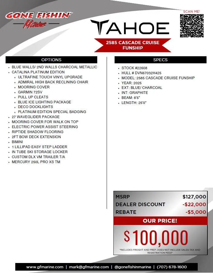 Slide: The Image of 2025 Tahoe Pontoon Cascade Cruise Funship features, specs, and pricing details. - 39