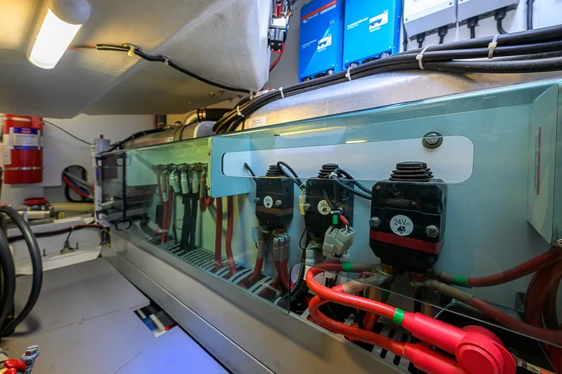 Slide: The Image of Engine room of 2017 Beneteau Gran Turismo 49 Fly, showcasing electrical components and wiring. - 34