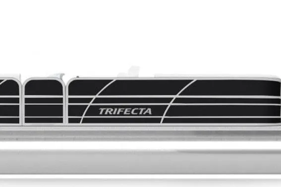 Slide: The Image of 2025 Trifecta 24RF LE 2.75 pontoon boat, sleek black and silver design. - 45
