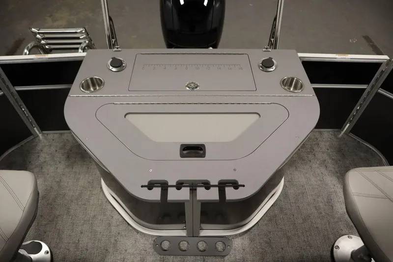 Slide: The Image of 2025 Trifecta 22TRFC LE 2.75 boat console with cup holders and measurement guide. - 39