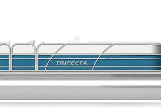 Slide: The Image of 2025 Trifecta 22RF LE 2.75 pontoon boat, sleek design with blue and white accents. - 47