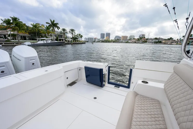 Slide: The Image of 2022 Valhalla V-46 Center Console boat on a scenic waterfront with palm trees. - 3