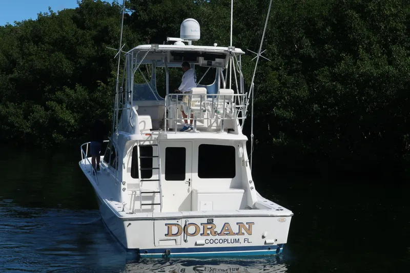 Slide: The Image of 2002 Luhrs 40 Convertible boat on water, rear view, lush greenery background. - 3