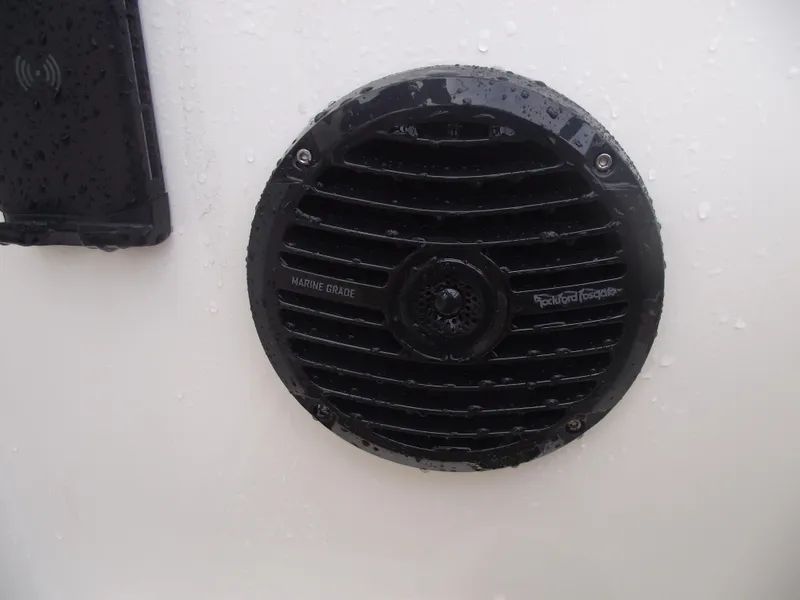 Slide: The Image of Close-up of a marine-grade speaker on a 2025 Bayliner D20 boat. - 34
