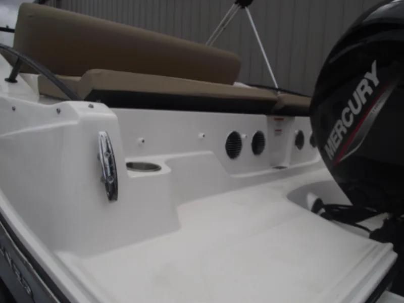 Slide: The Image of 2025 Bayliner D20 boat with Mercury engine, rear seating area view. - 37