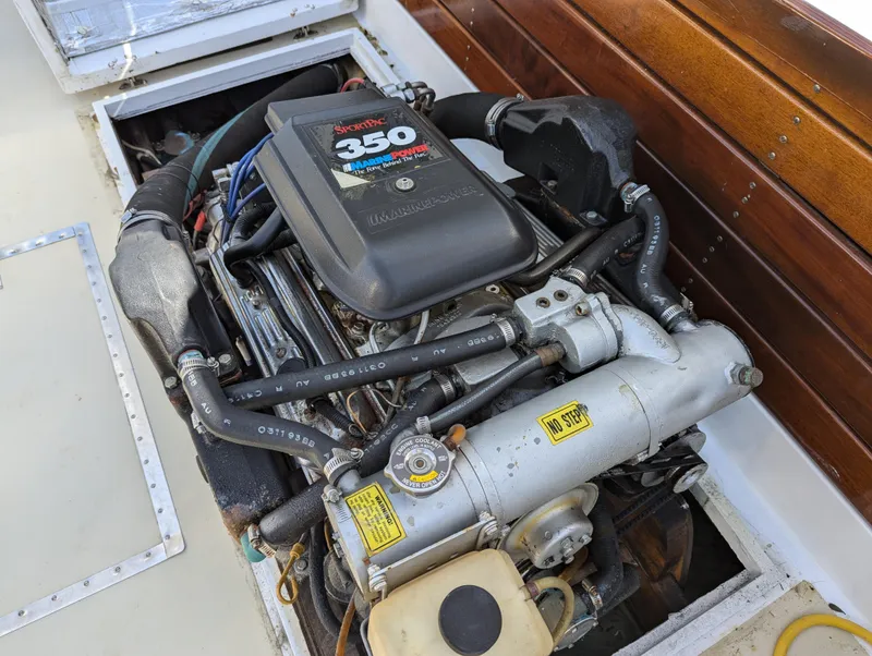 Slide: The Image of 1951 Huckins Fairform Flyer engine, featuring a Chevrolet 350 motor. - 29