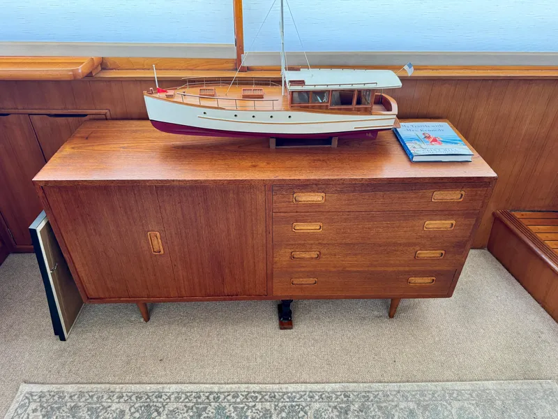Slide: The Image of Model yacht on wooden cabinet, Stephens Brothers Flush Deck Motoryacht, 1972. - 14