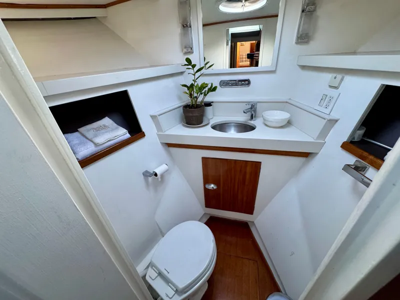 Slide: The Image of 1972 Stephens Brothers Flush Deck Motoryacht bathroom with sink, toilet, and plant decor. - 28