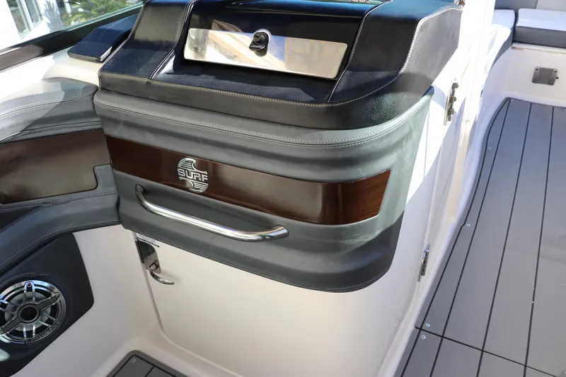 Slide: The Image of 2021 Chaparral 30 Surf boat interior with sleek design and modern features. - 17